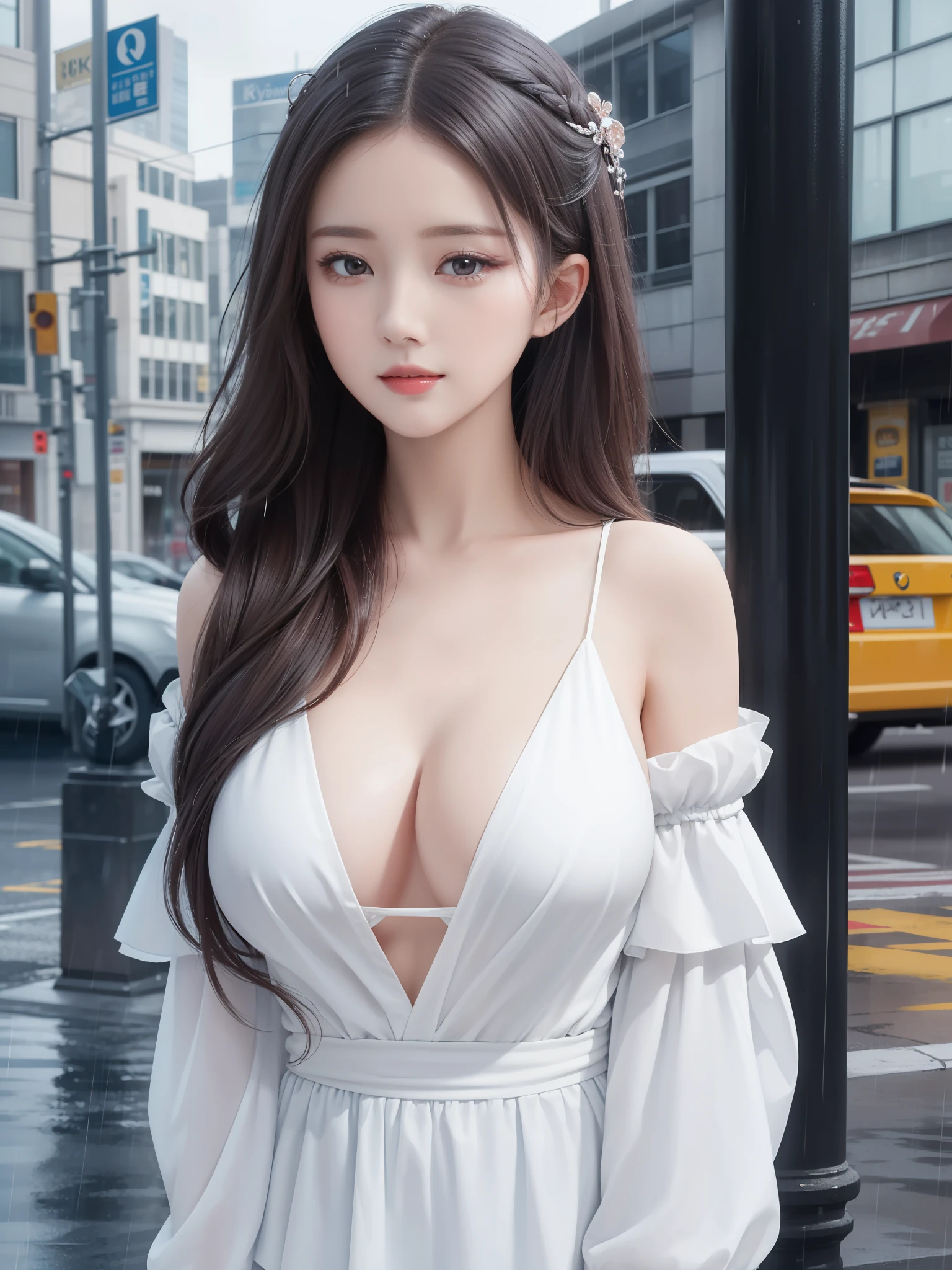 ((Best quality, 8K, Masterpiece: 1.3)), Sharp: 1.2, Perfect body beauty: 1.4, Slim abs: 1.2, ((Layered Hair Style, Big breasts: 1.2)), (: 1.1), (rain, street: 1.2), Wet: 1.5, Highly detailed face and skin texture, Detailed eyes, Double eyelids, Looking at the camera