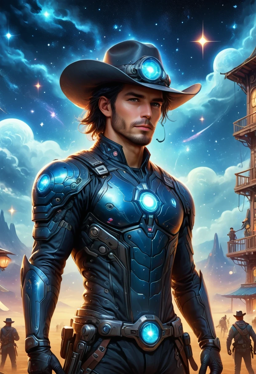 Cyberpunk cowboy in interstellar tavern，Futuristic starry sky background，Alien Technology，Mechanical Cowboy