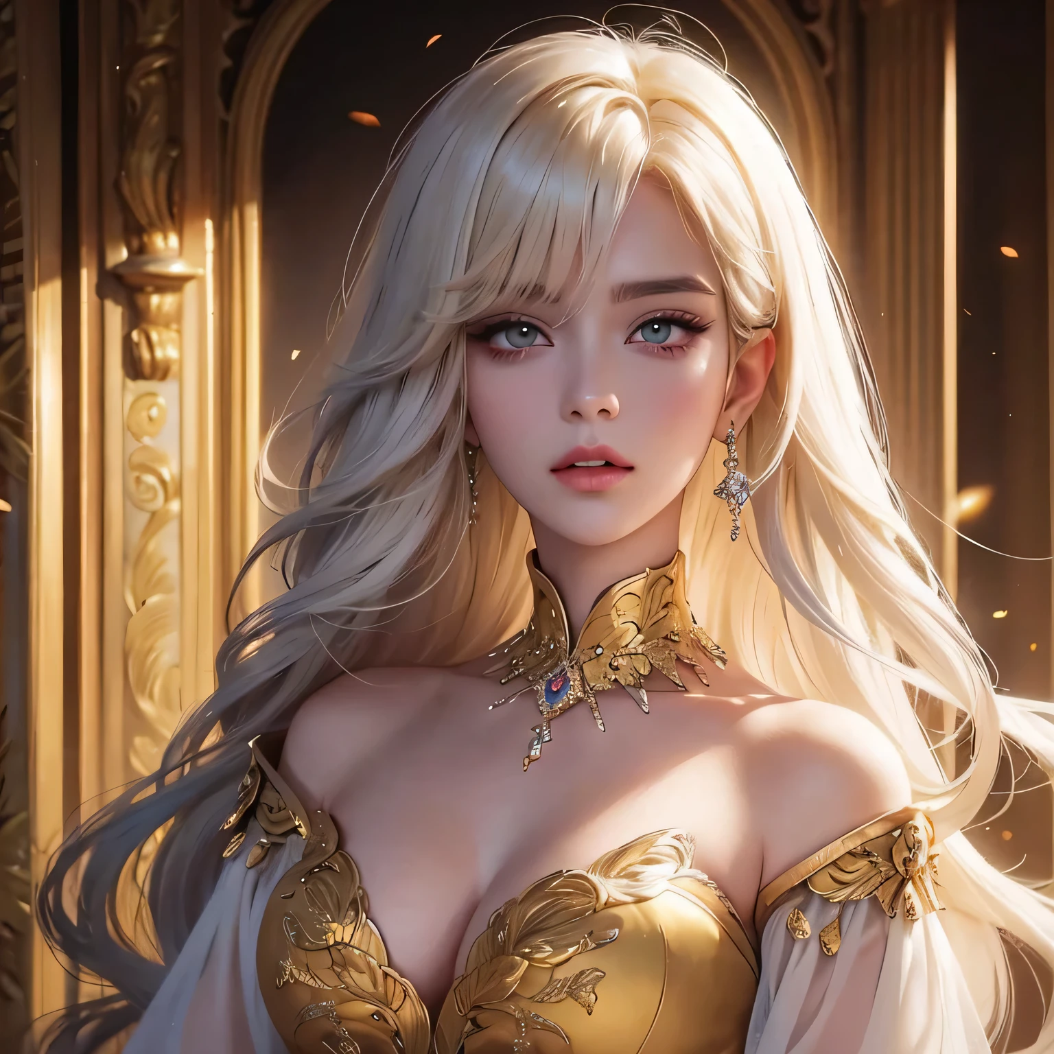 Yellow golden eyes, monolid eyes, long hair, white silk hair, wavy haircut, a girl, sharp eyes, normal face, beautiful lady, bright color, and she is a royal princess.