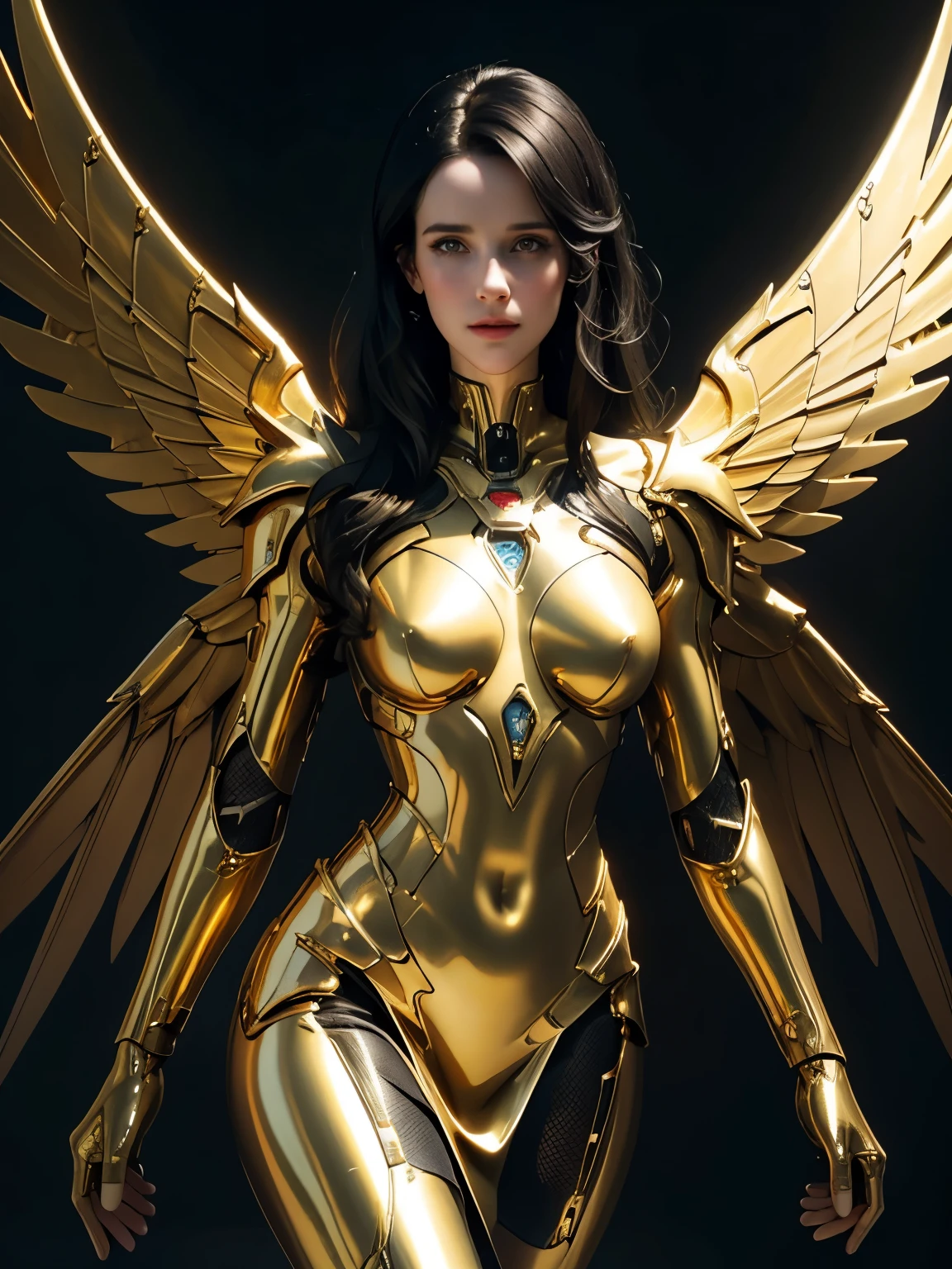 Rachel Brosnahan,black hair,straight hair,My hair is very long.,She is wearing a gold cloth dress., realistic skin, incredible light, ultra realistic,complicated, Sharp focus, Ray Tracing, rtx, Professional color grading, Professional photography, Masterpiece, very detailed, High quality, best quality, 4k, 8k, raw , regeneration of the skin, big breasts,She breast size is M cup, full body, she very sexy, she have perfect body, she so beautifully,She have good eyes,She is full of charm,close up,sky,She is at the top of the mountain.,mountain range,cliff,mountain,The sun shines,The sky is clear.,((Shiny metallic cybernetic body)) cyberpunk,Sci fi,technology,golden iron wings,have wings,Large wings