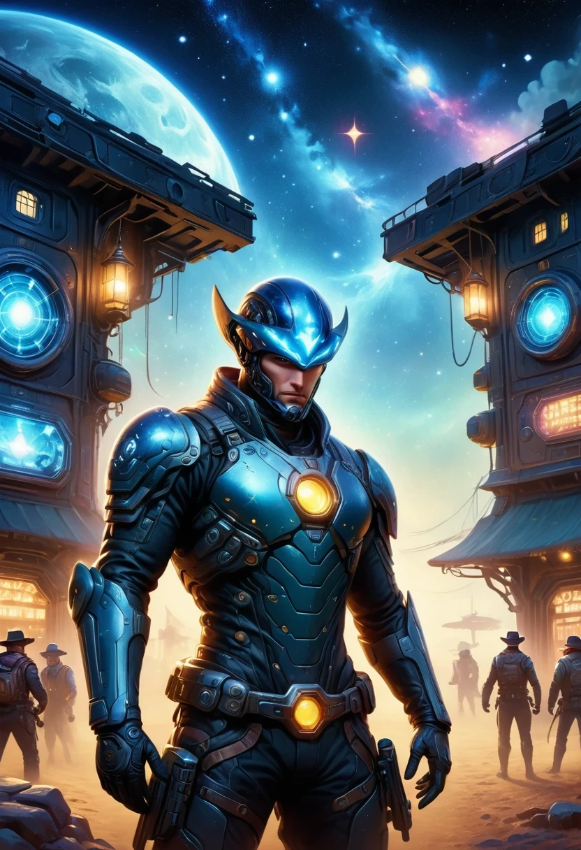 Cyberpunk cowboy in interstellar tavern,Futuristic starry sky background,Alien Technology,Mechanical Cowboy
