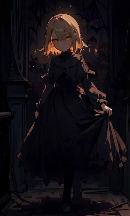 (highest quality), 1 Girl, :d,((Spooky dark room:1.6)),(((Full Body:1.3))),(((((Cute clothes))))),Blonde,Short Hair,straight hair,green eyes,((Walking through a dark room)),It&#39;s a very scary room,white long dress,(Anxious expression:1.5),((((It&#39;s very dark out there)))),Candles are displayed on the dark wall,The candles light up the dark room,She is holding a single candle in her left hand.,