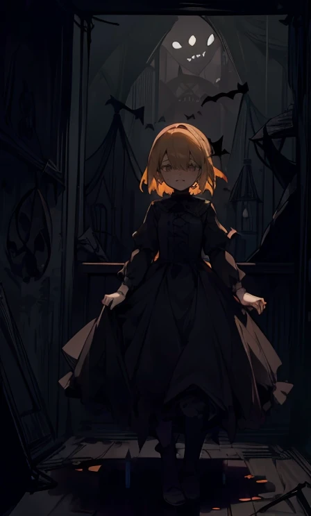 (highest quality), 1 Girl, :d,((Spooky dark room:1.6)),(((Full Body:1.3))),(((((Cute clothes))))),Blonde,Short Hair,straight hair,green eyes,((Walking through a dark room)),It's a very scary room,white long dress,(Anxious expression:1.5),((((It's very dark out there)))),Candles are displayed on the dark wall,The candles light up the dark room,She is holding a single candle in her left hand.,