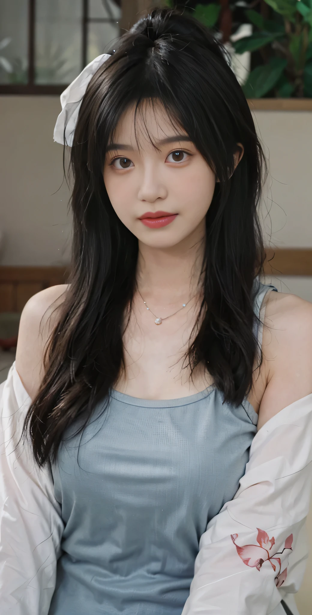 best quality, ultra high resolution, (realistically:1.4),cute hairpin,Baoyu Girl,(flat chest:1.2) ,A pair of clear and charming peach blossom eyes,Royal sister,The sun shines on the face,Big wavy hairstyle,(necklace:1.2),(White skin:1.4),a sense of atmosphere,a beautiful girl,Looking directly at the viewer, Close-up cleavage ,(lifelike:1.4),1 girl,Sexy,(Upper body:1.6),(wet),(:1.2)