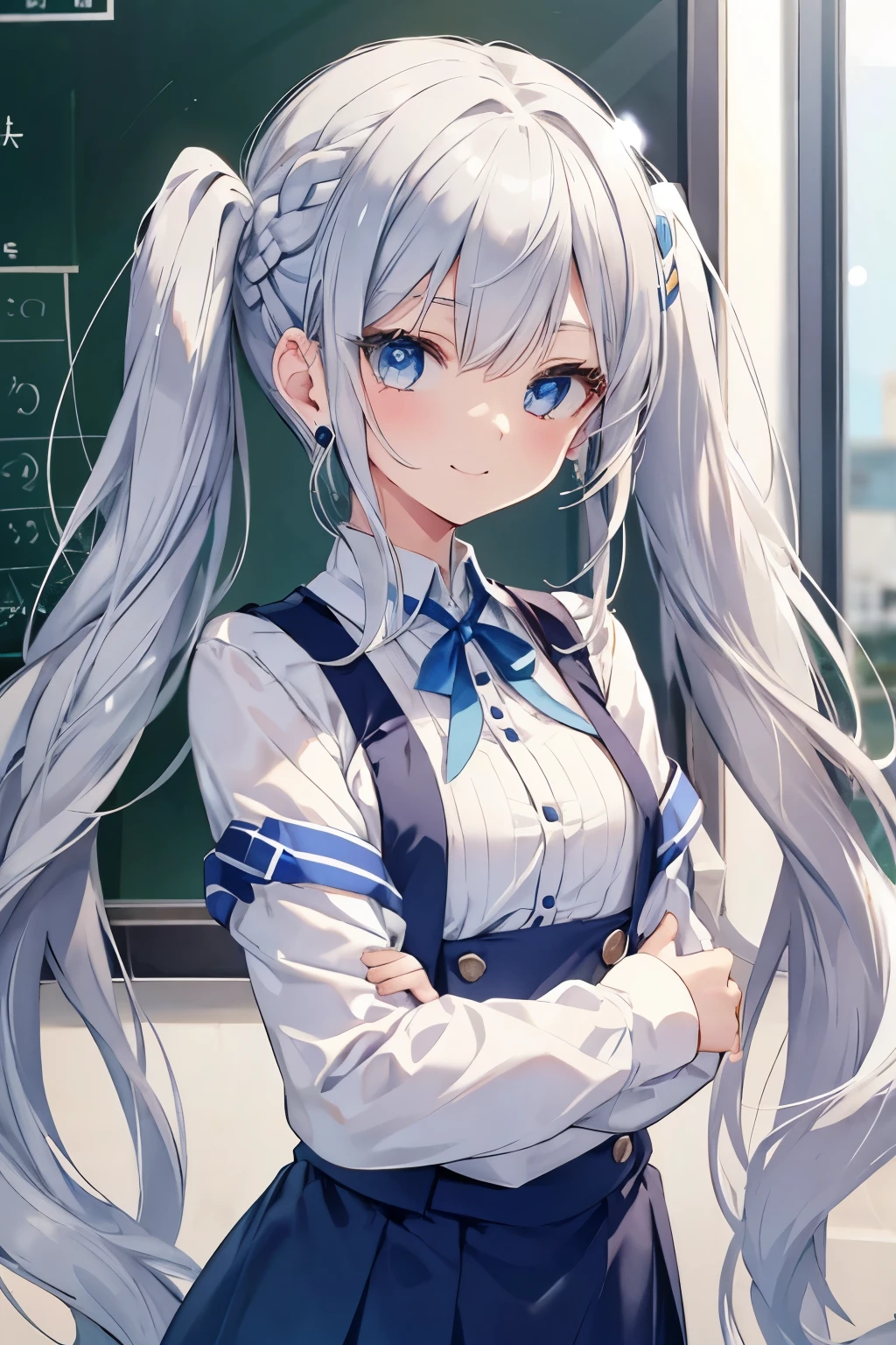 Silver-haired blue eyes、 girl、Small breasts、braided twin tails、smile、Gal-like、Wearing cute earrings、cute uniform、Add highlights around the eyes、Cute hairpin、The whole body is visible、School
