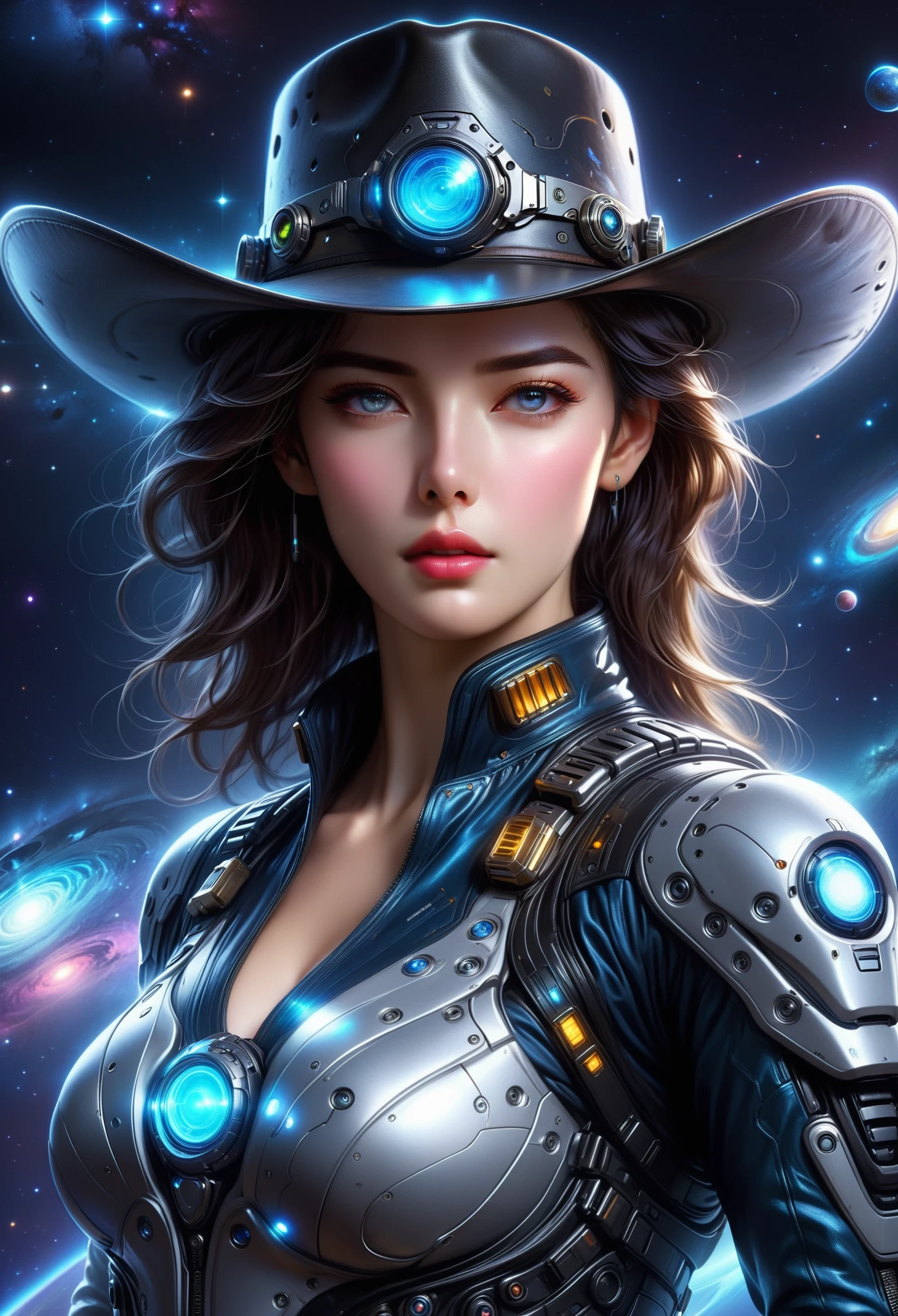 Space cowboy，ultra-detailed,realistic,galaxy,interstellar,1man，detailed eyes,detailed lips,cowboy aviation outfit,cowboy hat,technological clothing,light-emitting outfit.Correct human anatomy，body movements，Motion capture，Cyberpunk，Mechanical warhorse，gear，cyborg，Shoulder，arm，Waist