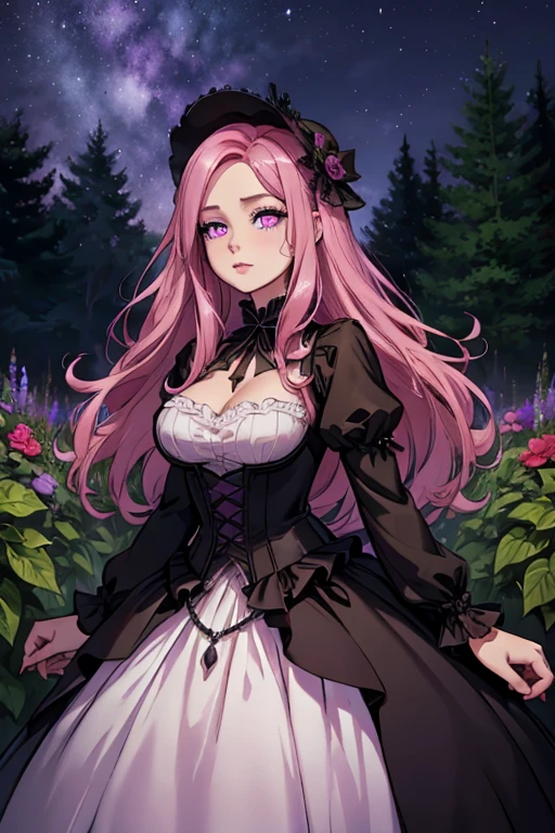 A pink haired woman with violet eyes with an hourglass figure is in a Gothic Belle ball gown in the garden at night