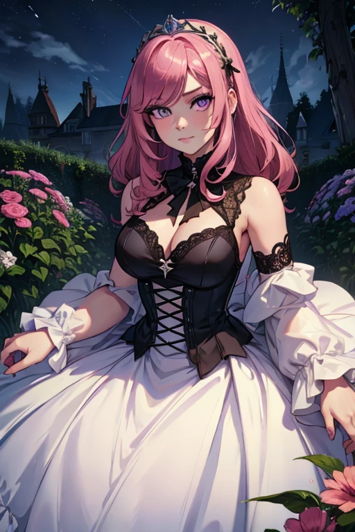 Perfect face. Perfect hands. A pink haired woman with violet eyes an hourglass figure in a leather ball gown is blushing win a flurry of peony petals while smiling in a Gothic garden at night