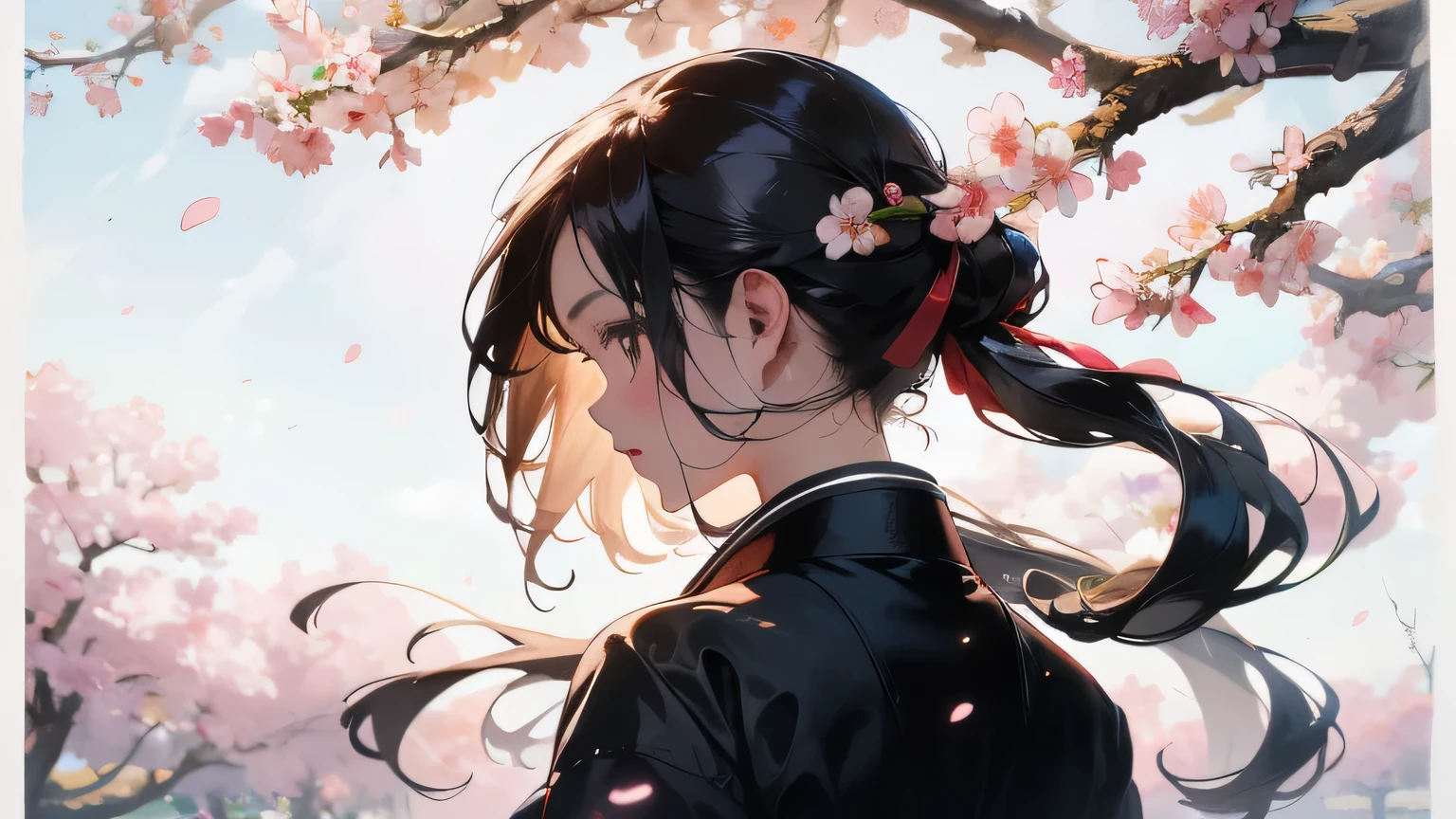 A once-in-a-millennium masterpiece, A photo that can never be taken again, Inexplicable high resolution, beautiful girl, A determined look on his face, profile, Japanese sword, Kendo uniform, whole body, from the back, Movie Posters, Strong winds, Silhouette style, Fluttering cherry blossoms, A profusion of flowers