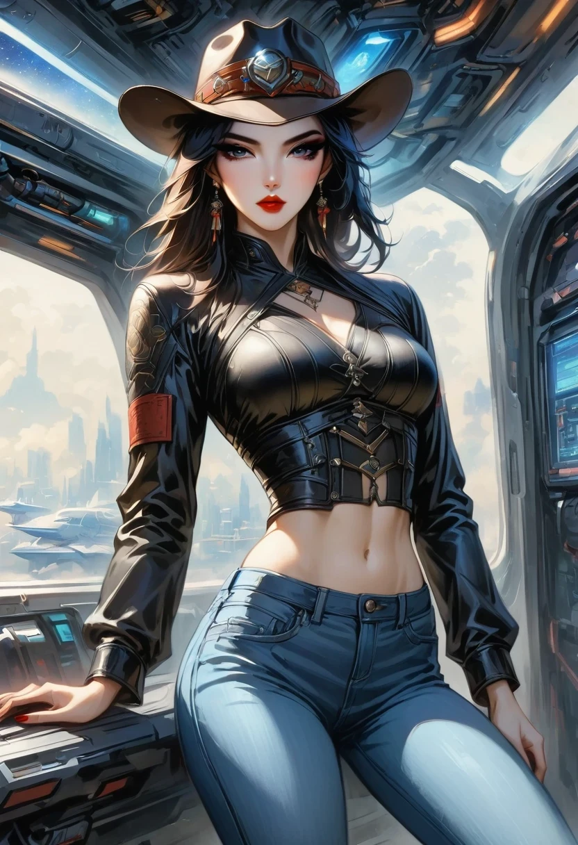 masterpiece, pale skin, red lips, light eyes, Eyeshadow, A beautiful woman wearing a stylish cowboy hat in an alien spaceship，Cyberpunk cowboy in starship，Futuristic starry sky background，Alien Technology，Mechanical Cowboy，Wearing a red and black mechanical suit, Mafia style mechanical suit,Wearing a stylish cowboy hat，Jeans and high heels, Very detailed body, Alien Technology in detail, Chiaroscuro, Natural light, Very detailed, Magnificent starry sky