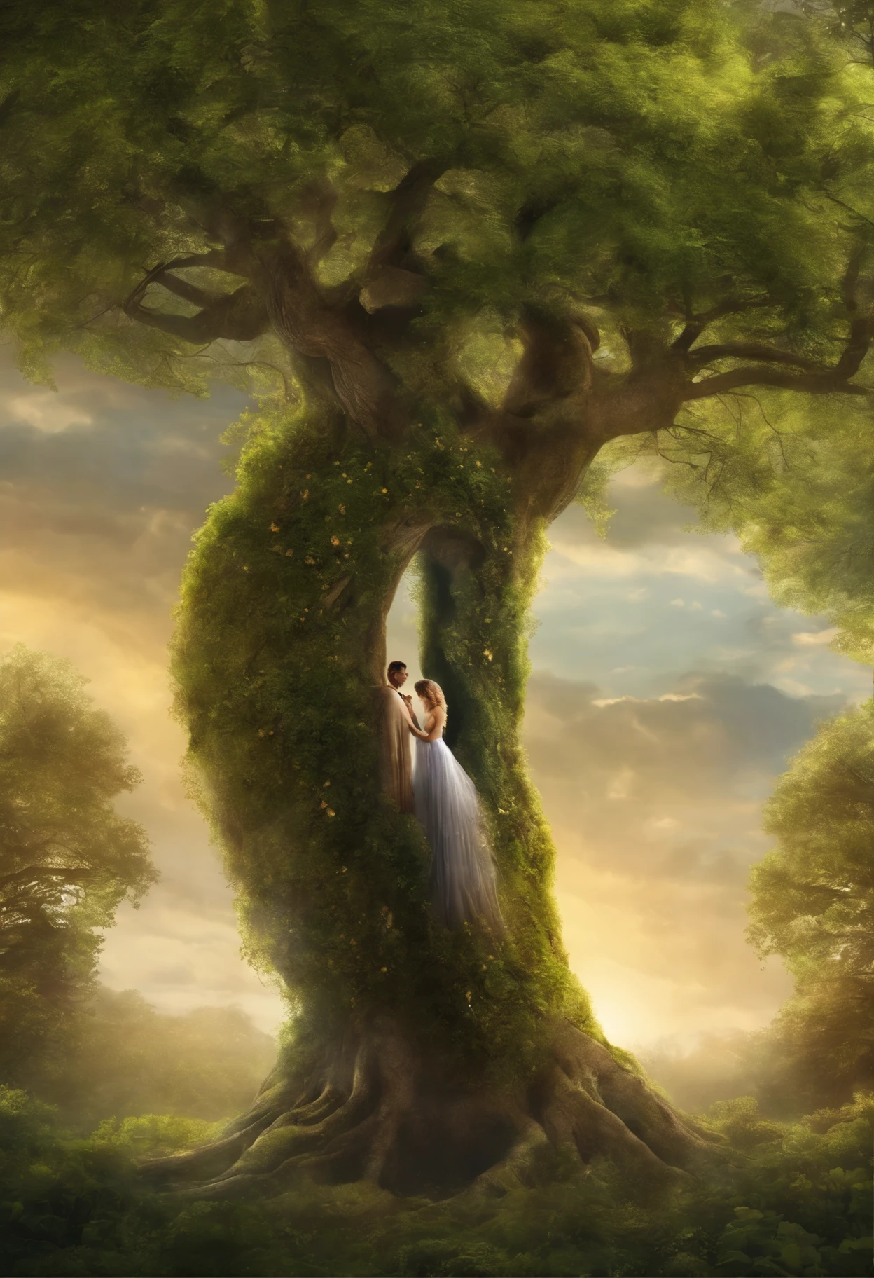 there is a tree that is in the shape of a man and woman embracing, person made of tree, them made of plants, portrait of a dryad, living tree, fantasy tree, hair made of trees, complex digital painting, branches sprouting from its head, highly detailed digital art, bearded, artistic illustration, humanoid flora, beautiful digital art, mother nature, music symbols across the sky