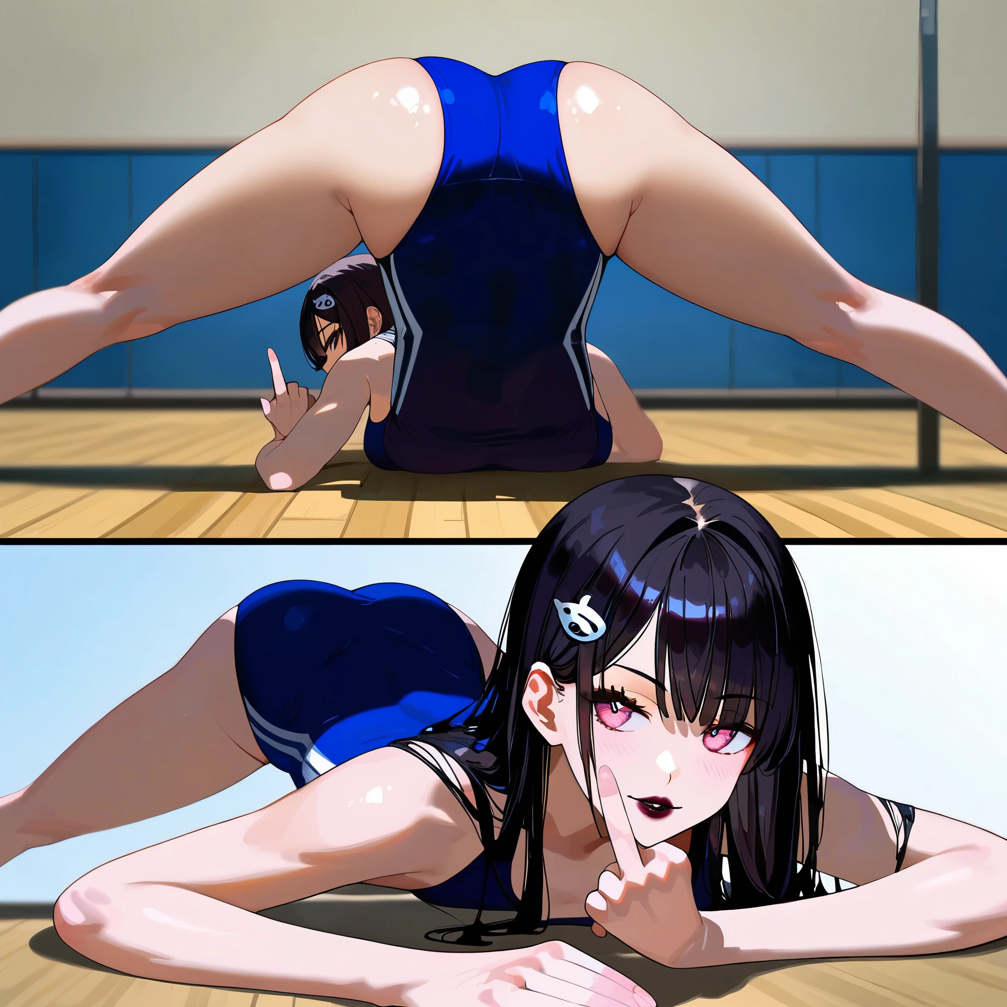 (score_9,score_8_up,score_7_up),epic-Ultra-HD-details,epic-Ultra-HD-highlights,anime-upscaled-resolution,(realistic, photo-realistic:1.37),precise and realistic hair:1.1),beautiful detailed eyes,extremely detailed eyes and face,awardwinning,amazing details,super detail,best quality,1080P,8k,masterpiece,detailed skin, shadow, texture, light, (Front perspective:1.5), 1girl, Jack_o pose challenge, Jack o, bend over, Upper body lying on the ground, open legs, Lift your hips, looking into camera, (High-cut swimsuit:1.5), black hair, Black lipstick, Detailed eyes, Smile, shy face, Stretching before swimming, Muscular, Detailed skin, Shiny, moist eyes, (middle finger:1.5),Star hairpin, red bobcut, from below,from below