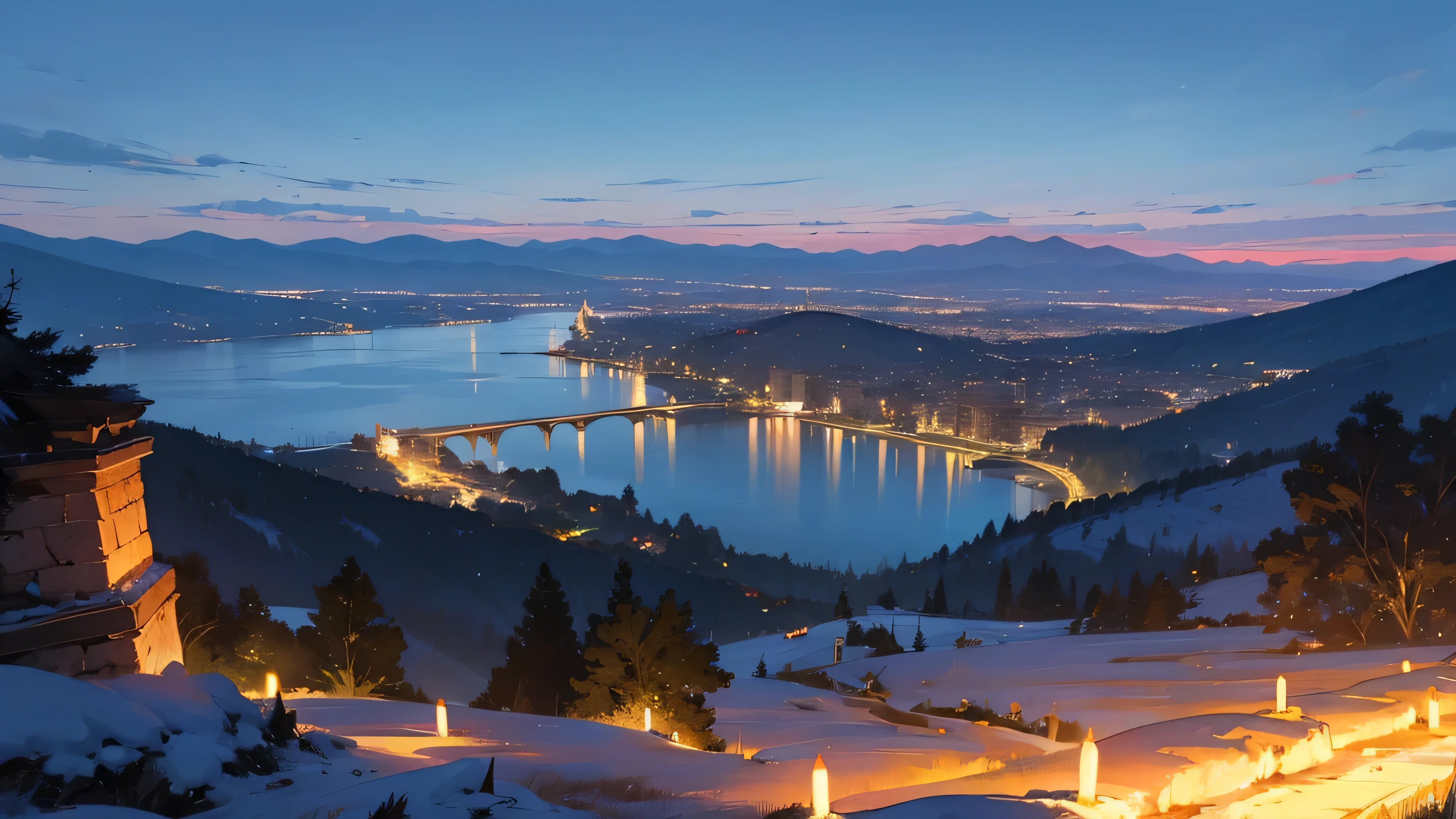 night, mountain range in the background, the lake in front of the mountains, An ancient city glows on the other side of the lake