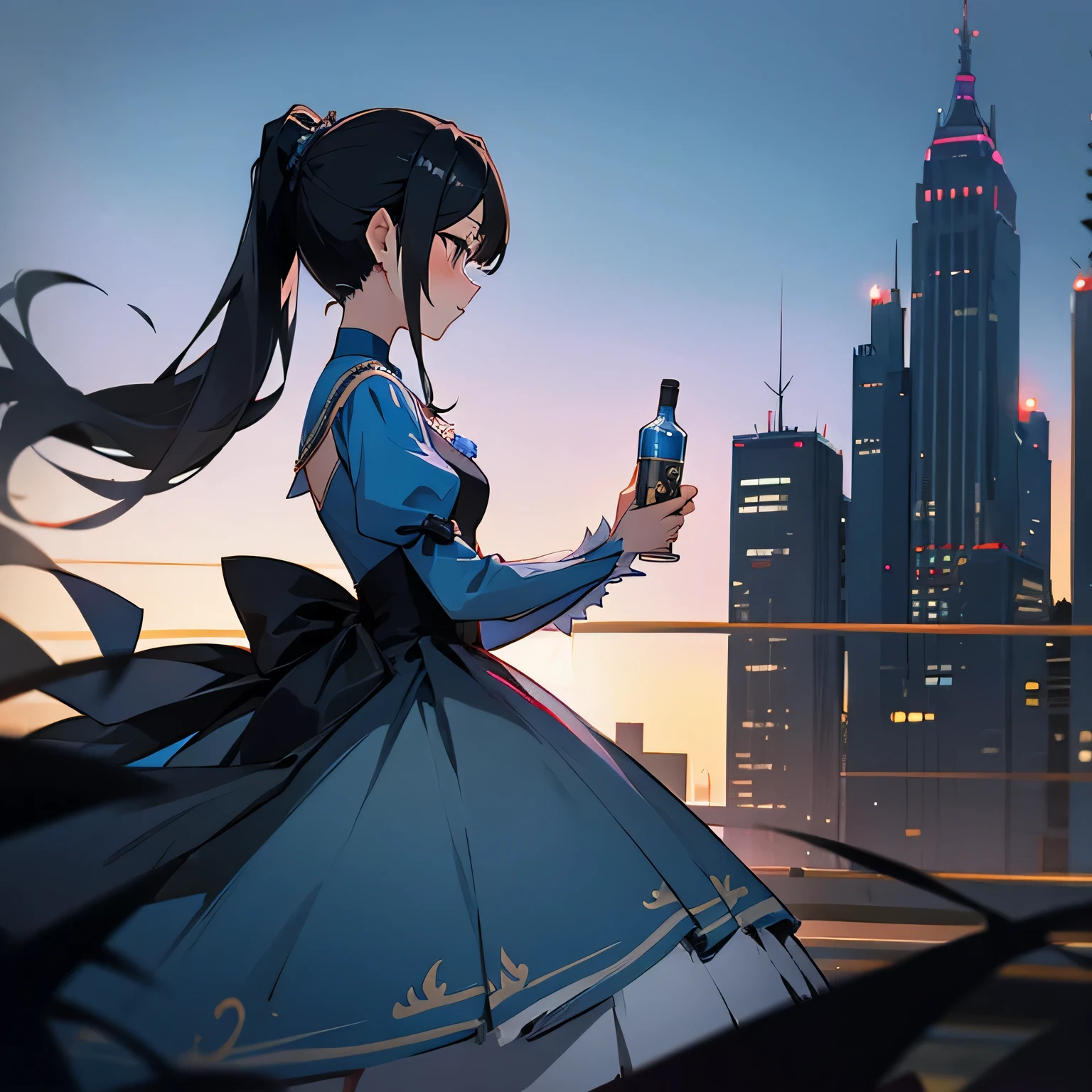 girl、Black Hair、ponytail、dress、Cinderella、City of night