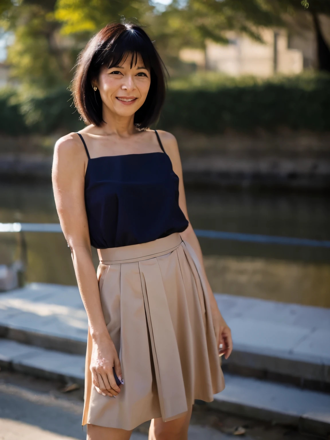 NSFW, ((Top Quality)), ((8K)), ((Masterpiece: 1.3)), (Perfect Appearance), (Photorealism: 1.6), (Japanese woman walking along the bank), (outdoors), (A bank along the river with a nice view: 1.4), (bask in the evening sun from the front), japanese woman, (60 years old), gentle smile, The eyes are looking here, short hairstyle, soft fabric blouse, wide sleeves, Cuffs that fit your wrist, (The hem of the blouse is tucked into the skirt: 1.2), flare skirt, high heels, (Focus on the upper body: 1.4),