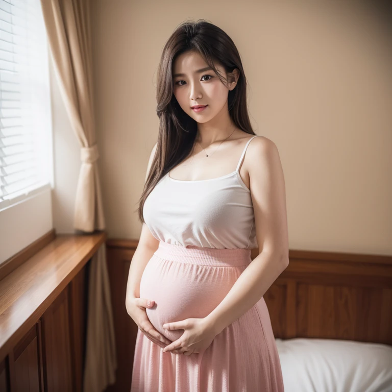 (8K, best quality:1.2), (masterpiece:1.37), (photo, photoPractical:1.37), (Ultra-high resolution), Full body, Asian pregnant woman at 40 weeks, long skirt, Chaeyoung From Twice, (The body details are very rich, Face, And the eyes), Huge belly, Expired pregnancy, masterpiece, best quality, (highly detailed photo:1.1), (ecstatic:1.1), sharp, Practical, true shadow, 3d, photographed by Canan EOS R6, 135 mm, 1/1250 seconds, F/2.8, ISO 400