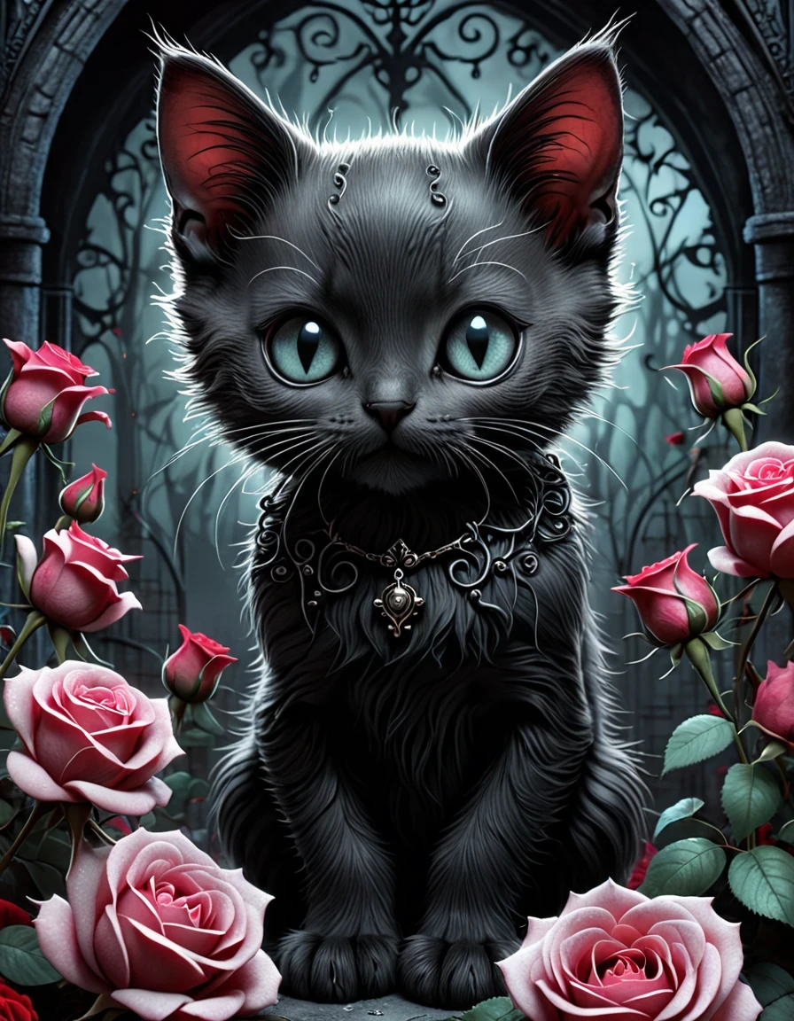 In this ultra-detailed CG art, the adorable gothic kitten surrounded by ethereal roses, best quality, high resolution, intricate details, dark fantasy, illustration, Tim Burton Style | ((More_Detail))