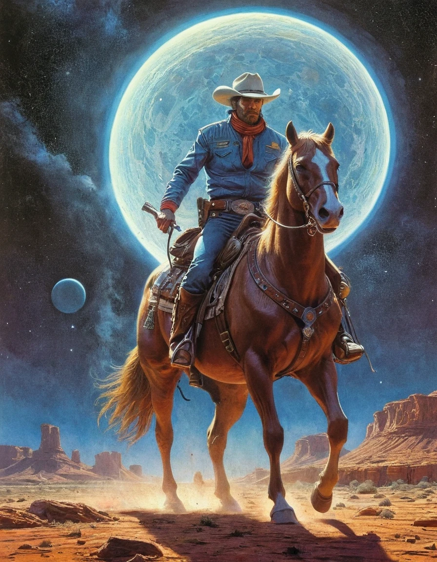 Moebius art style, 80's sci-fi fantasy magazine art, professional illustration, super detailed, amazing images of {star cowboys}, action backgrounds, cinematic compositions