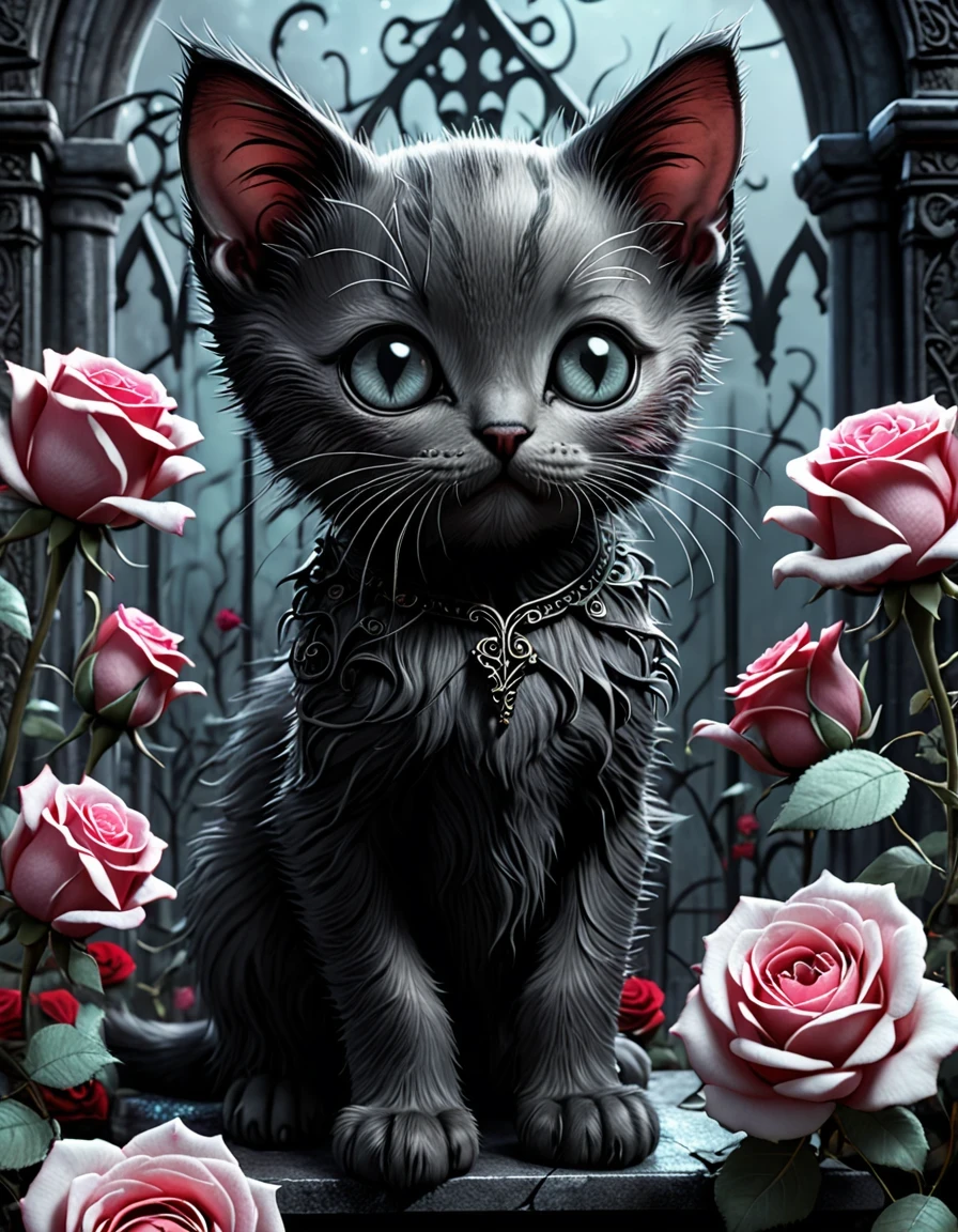 In this ultra-detailed CG art, the adorable gothic kitten surrounded by ethereal roses, best quality, high resolution, intricate details, dark fantasy, illustration, Tim Burton Style | ((More_Detail))