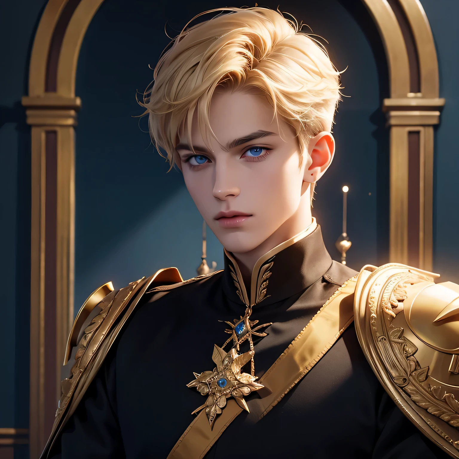 Blue eyes, monolid eyes, Short hair, gold yellow silk hair, pixie haircut, a boy, sharp eyes, normal face, handsome boy, bright color, and he is a royal prince
