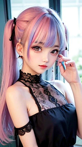 Small face、 (alone:1.5,)Very detailed,Bright colors, Very beautiful detailed anime faces and eyes, Look straight ahead, Shiny_skin,girl, (((Rainbow Hair, Colorful Hair, Half light blue、half pink hair: 1.2))), 、Shiny hair, Delicate beautiful face, blush、Glasses、(turquoise eyes), , Valletta, Earrings,、Flower Garden、Sunset、(((Floral、Lace blouse、Stylish lace mini skirt,Translucent swimsuit)))、(Twin tails)、smile、Happy Face、face dyed red、cheerful pose、dynamic、Head to toe full body portrait、(The whole body is visible)、(left hand、ring finger、ring)、Glassesに手を添える