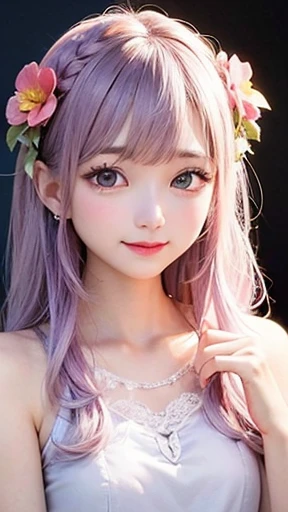 Small face、 (alone:1.5,)Very detailed,Bright colors, Very beautiful detailed anime faces and eyes, Look straight ahead, Shiny_skin,girl, (((Rainbow Hair, Colorful Hair, Half light blue、half pink hair: 1.2))), 、Shiny hair, Delicate beautiful face, blush、Glasses、(turquoise eyes), , Valletta, Earrings,、Flower Garden、Sunset、(((Floral、Lace blouse、Stylish lace mini skirt,Translucent swimsuit)))、(Twin tails)、smile、Happy Face、face dyed red、cheerful pose、dynamic、Head to toe full body portrait、(The whole body is visible)、(left hand、ring finger、ring)、Glassesに手を添える