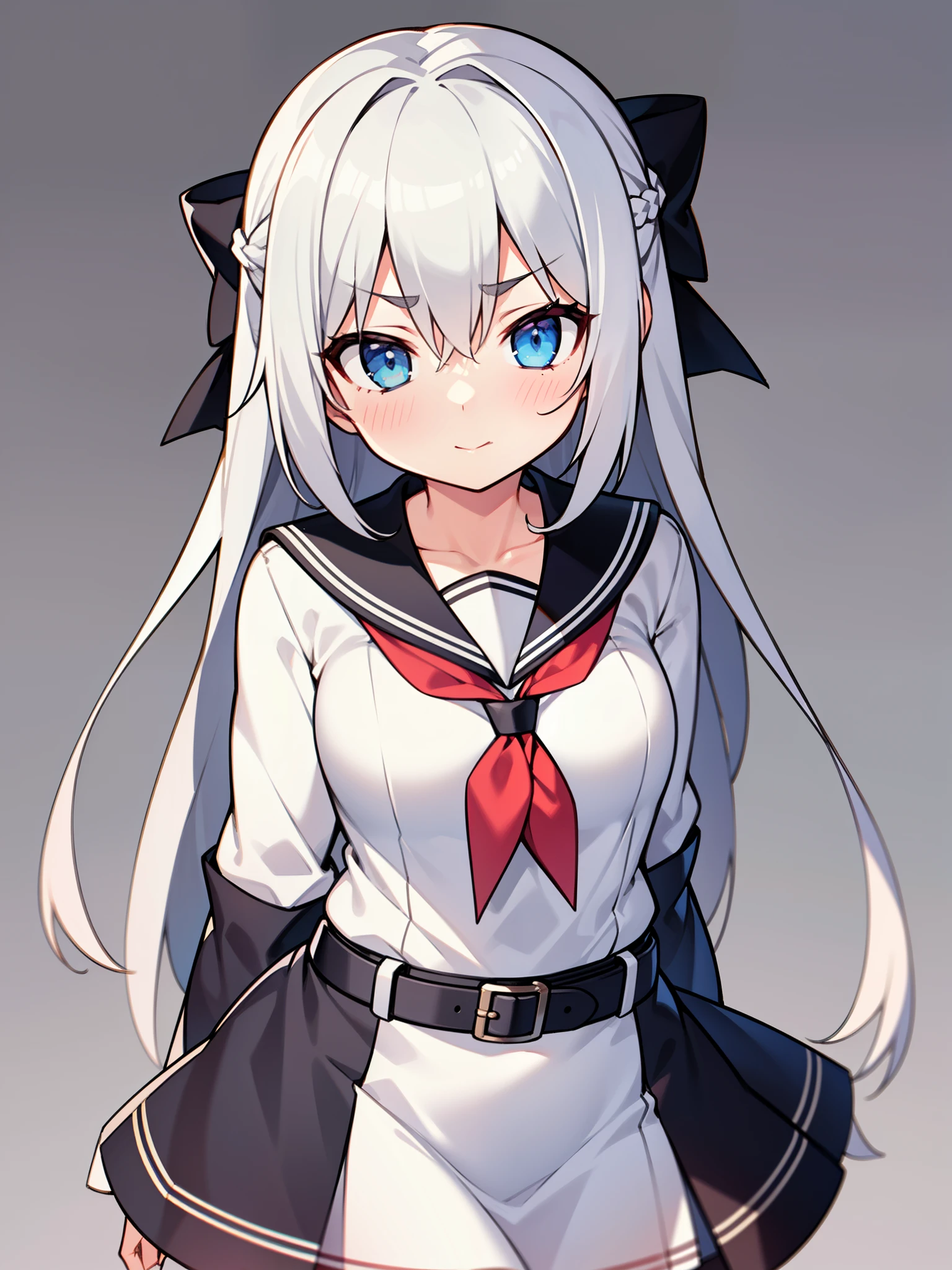 rating:safe, 1girl, long_hair, solo, very_long_hair, blue_eyes, school_uniform, grey_background, long_sleeves, blush, breasts, braid, sailor_collar, closed_mouth, hair_bow, belt, bow, grey_hair, looking_at_viewer, hair_between_eyes, dress, eyebrows_visible_through_hair, silver_hair, bangs, serafuku, black_dress, collarbone, red_neckwear, cowboy_shot, simple_background, sidelocks, ribbon, artist_name, black_bow, neckerchief, white_sailor_collar, belt_buckle