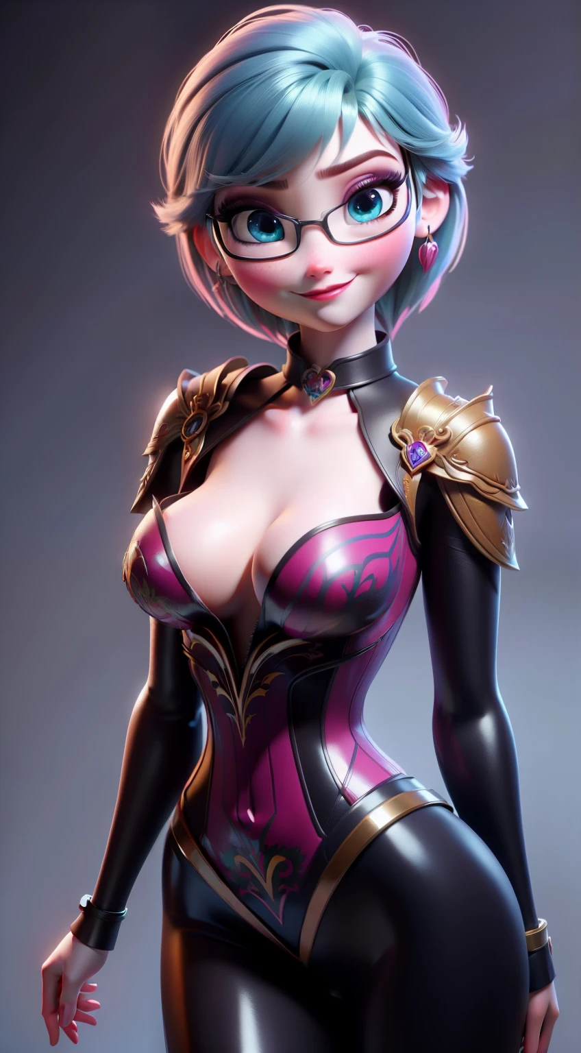 1 kawaii anime girl, nsfw, japanese girl, solo, bright aqua eyes, glasses, eyelids, blush, seductive smile, naughty expression, red lips, cute hair bangs, bob short hairstyle, bright aqua hair, heart shape earings, collar, collarbone, sexy body, slim waist, navel, natural medium breast, cleavage, navel, flat chest, cleavage, detailed erotic dress, pink color knight armor, gold and black color ornament on the dress, erotic pose, looking at viewer, flat green background, upper body
