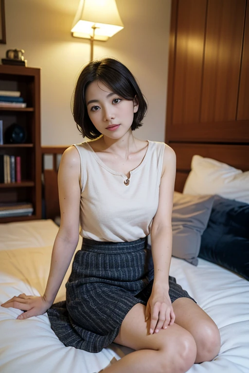 (Best quality, High resolution, Masterpiece :1.3), skirt, suzume no tojimari, short hair, sitting, girl, laydown, bedroom, books, Detailed eyes, Double eyelid