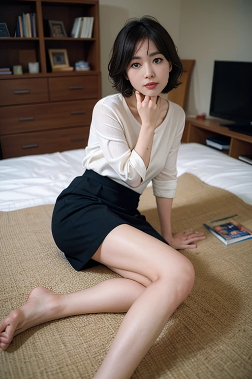 (Best quality, High resolution, Masterpiece :1.3), skirt, suzume no tojimari, short hair, sitting, girl, laydown, bedroom, books, Detailed eyes, Double eyelid