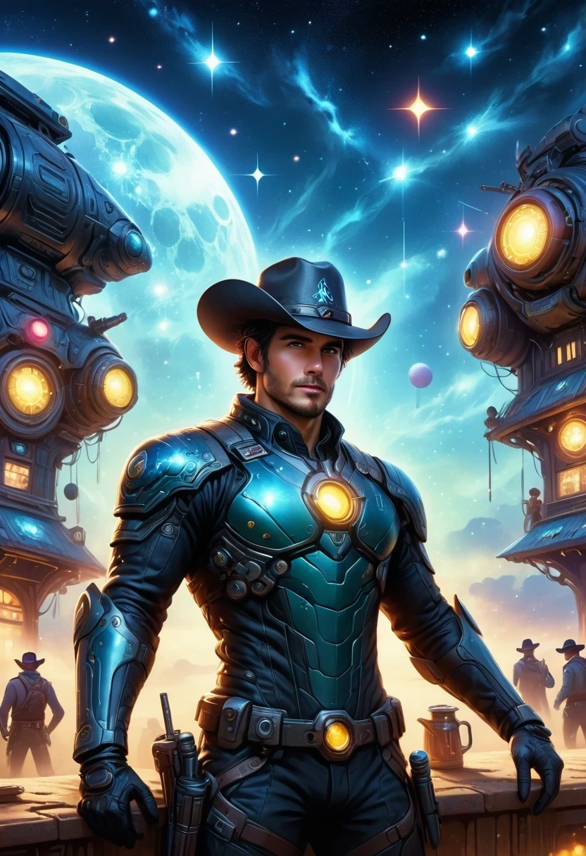 Cyberpunk cowboy in interstellar tavern，Futuristic starry sky background，Alien Technology，Mechanical Cowboy