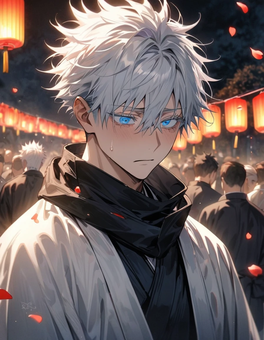 absurdres, highres, ultra detailed, HDR, master piece, best quality, Gojo Satoru, white hair, hair between the eyes, white eyelashes, expressive blue eyes, sad expression, sadness, solo, 1man, handsome, Jujutsu Kaisen, white haori, black kimono, black scarf, festival, lanterns, flowers, petals, extremely detailed face and eyes
