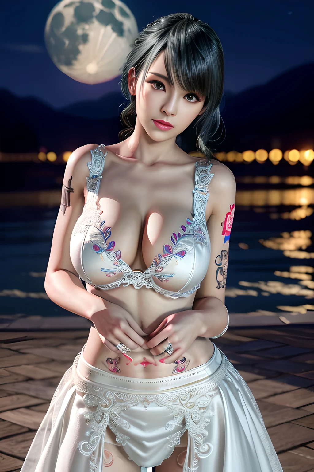 1 girl,standing posture, (Embroidered Trim Wedding Dress), nighttime,moon,( huge breasts:1.1),cleavage,shiny skin,lip gloss,( tattoos:1.2), masterpiece, best quality, realistic ,Surrealism,Rich artistic colors, 8K,3D,Portrait art,solo, tamaki