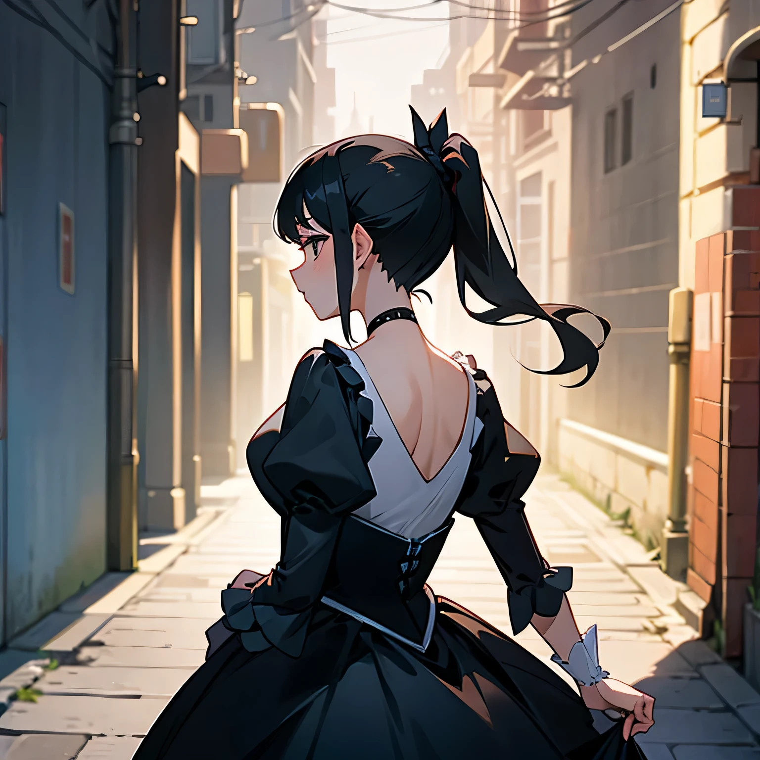 girl、Black Hair、ponytail、dress、Cinderella、City of night、alley
