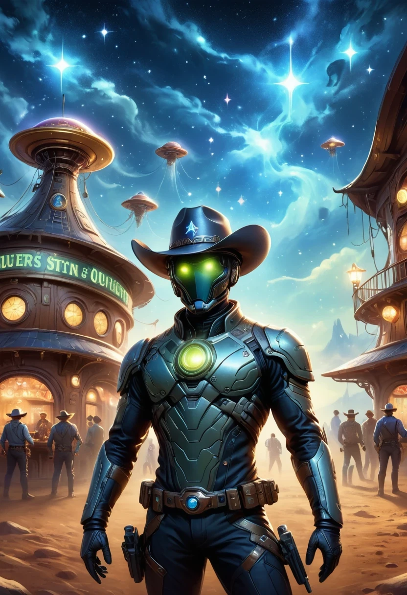 Aliens in cowboy suits in interstellar taverns，Wearing a stylish cowboy hat，Futuristic starry sky background，Alien Technology，Mechanical Cowboy，Mechanical Tavern