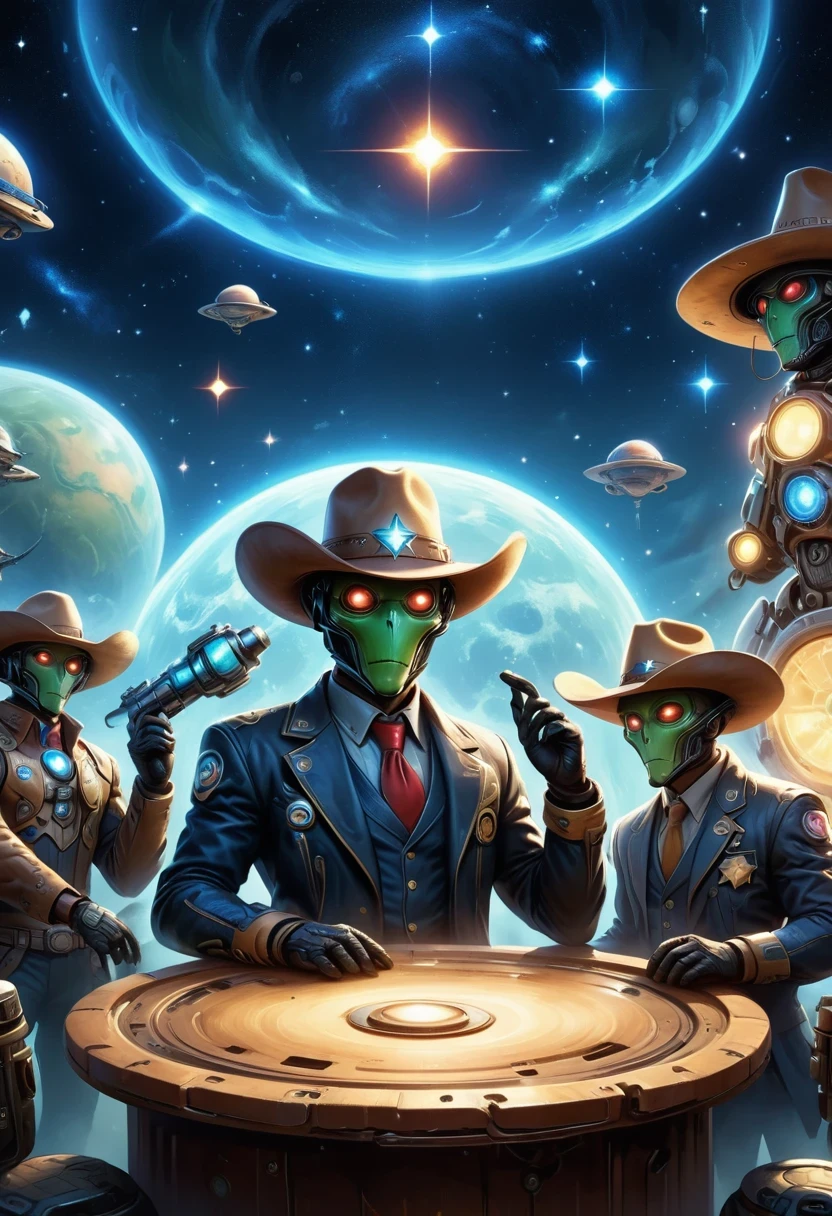Aliens in cowboy suits in interstellar taverns，Wearing a stylish cowboy hat，Futuristic starry sky background，Alien Technology，Mechanical Cowboy，Mechanical Tavern