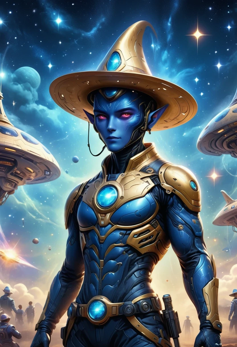 Alien in denim suit on alien spaceship,Wearing a stylish cowboy hat,Futuristic starry sky background,Alien Technology,Mechanical Cowboy,Mechanical spaceship