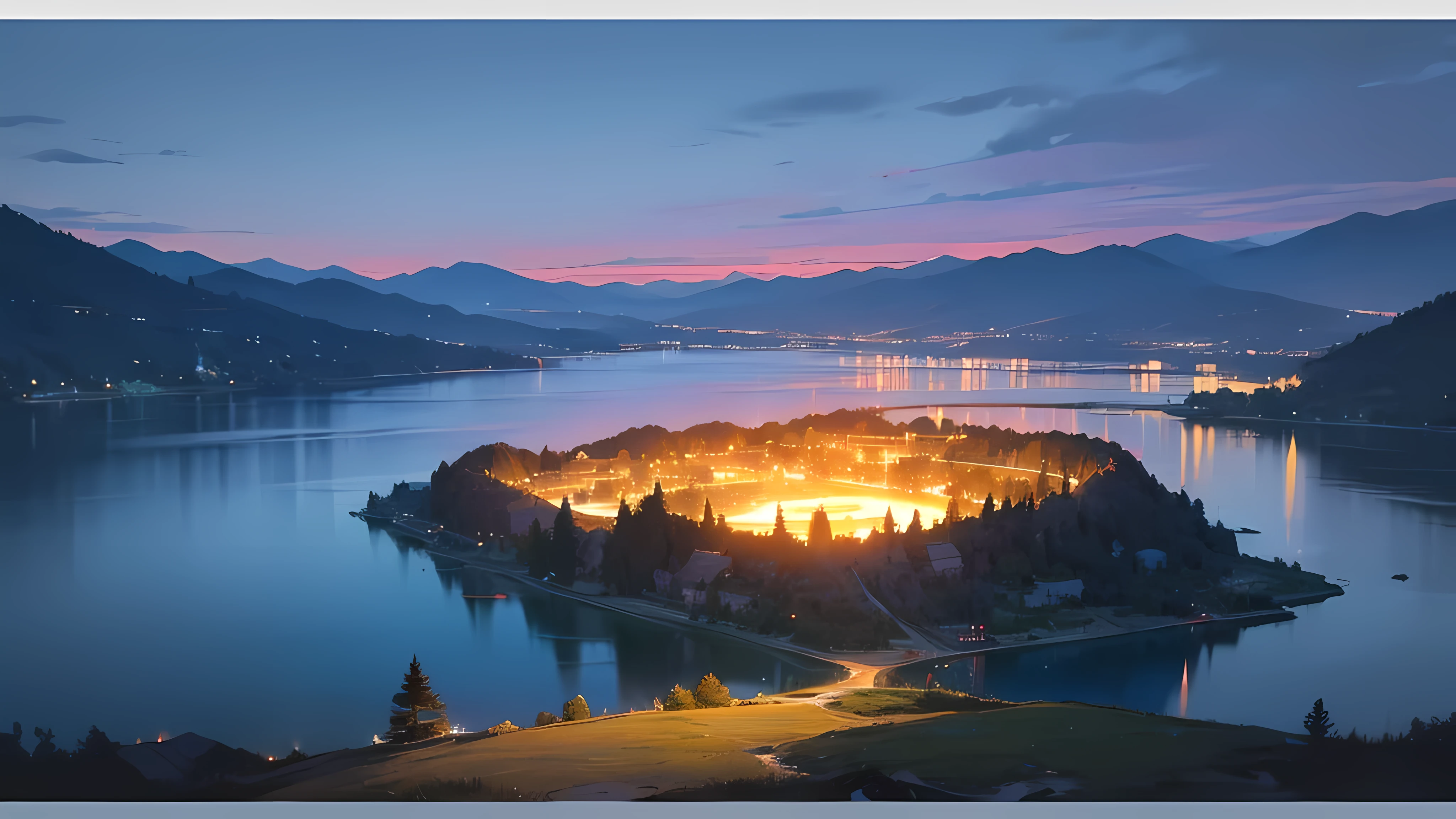 night, mountain range in the background, the lake in front of the mountains, An ancient city glows on the other side of the lake