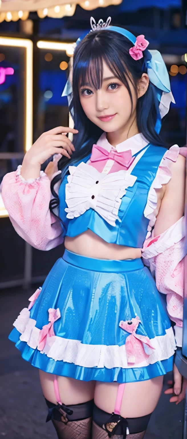 Sexy Cyber Idol Girl、whole body、Good style、、、、Fluorescent blue and pink lolita fashion、、colorful hair、、、、Cyber City、Fishnet tights