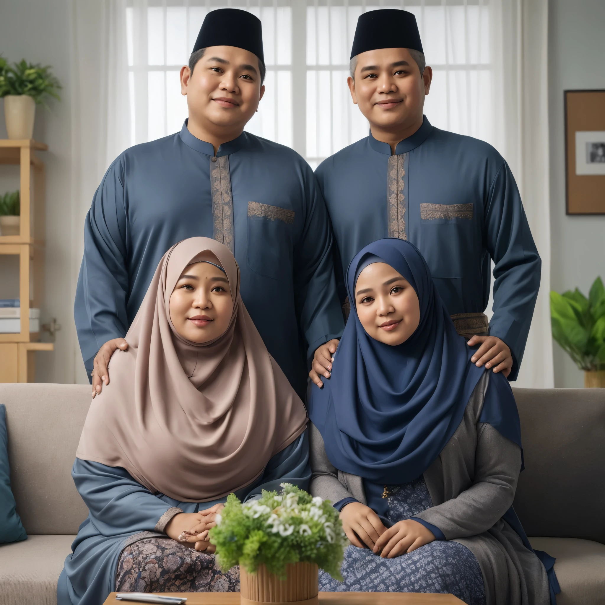 Family photo from Indonesia, four members, a 55-year-old father with a clean face, a 50-year-old mother (chubby) wearing a hijab, one chubby man aged 33 and a beautiful woman aged 25. They are all wearing coordinated navy Malay Muslim clothing in a bright studio with daylight lighting, green flower vase, realistic, ultra HD, 16k.