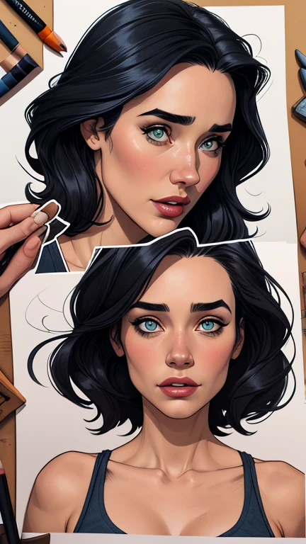 Personagem mulher bruxa Jennifer Connelly com marcas de guerras Imagem de desenho animado de uma mulher .cartoon style illustration, estilo de arte dos desenhos animados, estilo de arte dos desenhos animados, digital illustration style, design de personagens altamente detalhado, arte digital detalhada coragem,  cemetery with zombies, Design de personagens de retrato, beautiful digital illustration, retrato de alta qualidade, Arte em quadrinhos, mulher jovem cabelo com transas lindas . Beautiful lined eyes Medium large bust and wonderful ???? clothes. image expression of ?????? desire from waist to head illustration Jennifer Connelly 