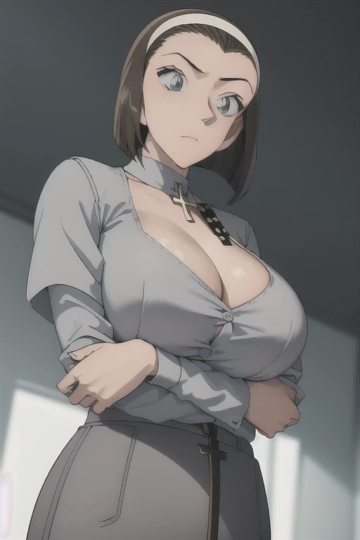 highest quality, (masterpiece:1.2), 
1 girl, alone, Mouth closed, blush、Troubled face、
brown hair、Short Bob、hair band、The forehead is visible, (Huge breasts:1.3)
、((A grey blouse with a wide neckline that reveals cleavage、Grey blouse with buttons down the middle、Cross your arms、From below:1.5))
Are standing, Looking at the audience,upper body visible、