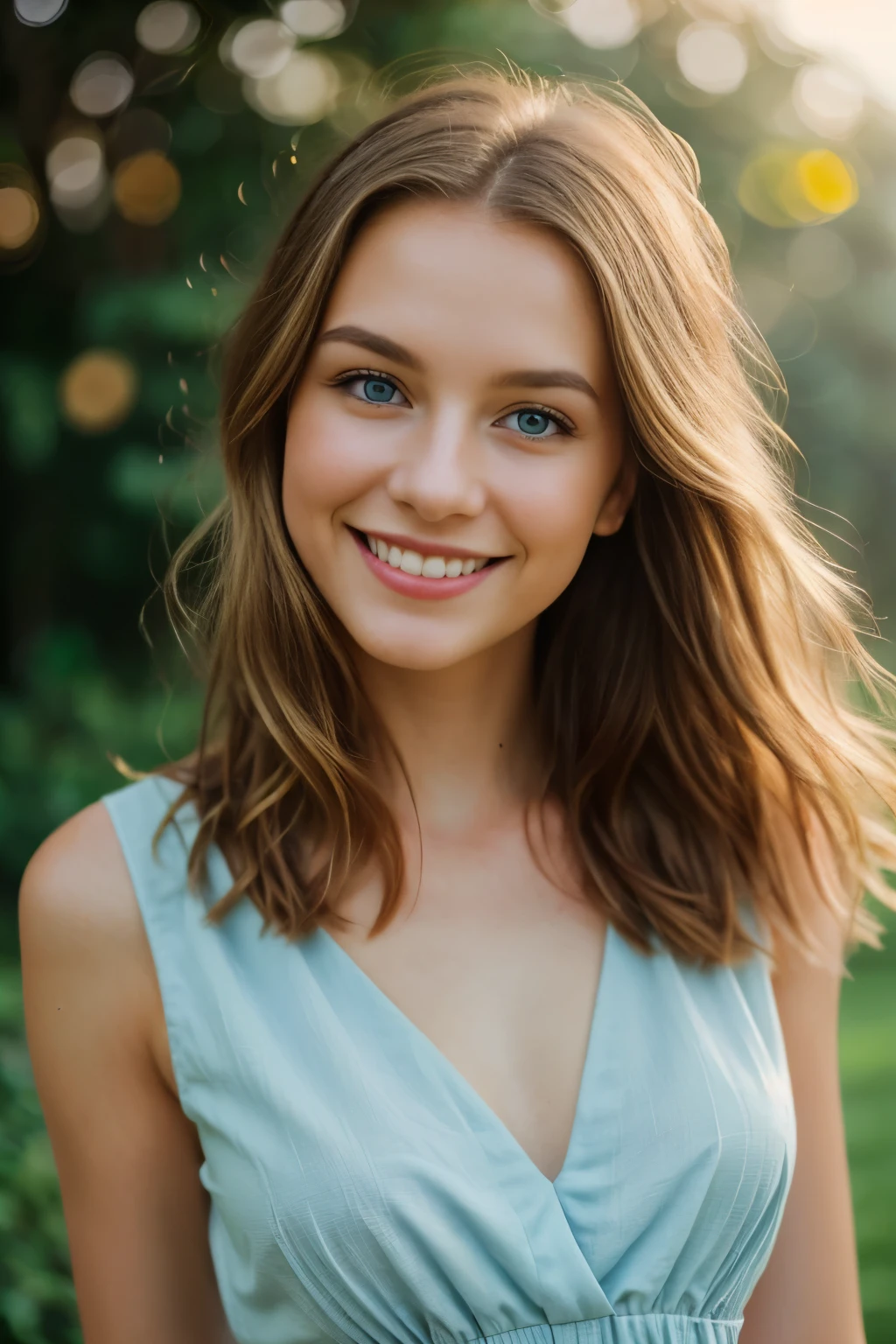 Photo of a girl,portrait(beautiful detailed hair, blonde), (Blue eyes,snub nose), (soft sunlight, golden hour), (Charming smile, mischievous expression),(flowy dress, bright red), (whimsical breeze, loose hair), (bokeh background, dreamy atmosphere), (Oil painting, Impressionistic style), (a high resolution, professional), (Bright colors, rich tones), (glad, Carefree), (Breathtaking, charming)