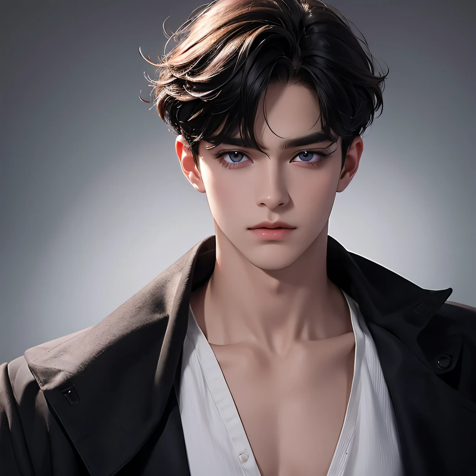 Violet eyes, monolid eyes, Short hair, Black hair, Fringe curly haircut, a boy, gentle eyes, normal face, handsome boy, bright color, and he is a royal prince.
