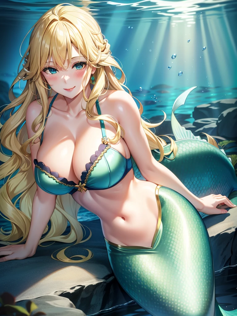 mermaid, blonde hair, long hair, wavy hair, blue eyes, red lips, smile, blush, large breasts, bra, underwater, green mermaid, mermaid tail, 