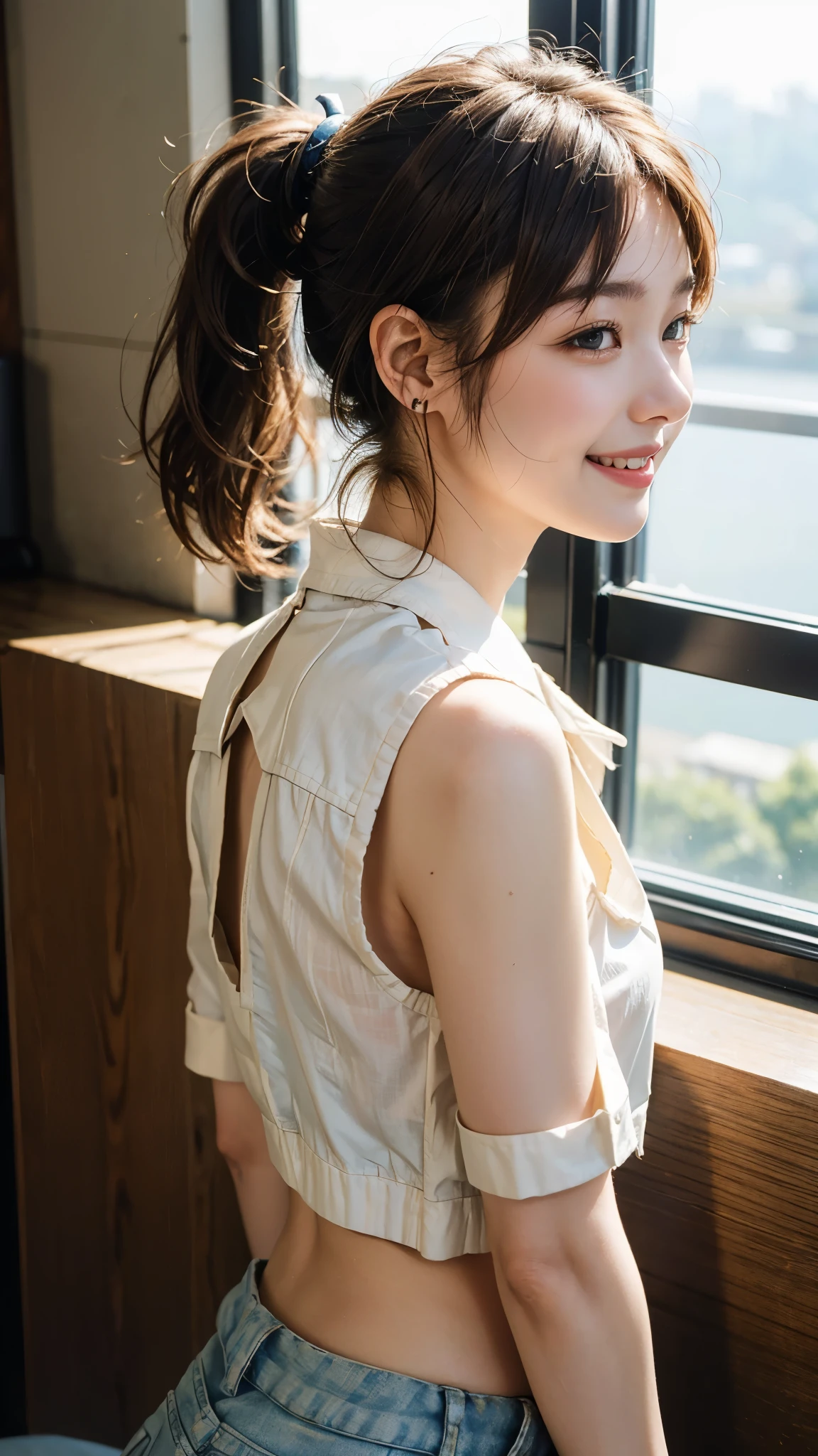 highest quality, masterpiece, Ultra-high resolution, (Realistic:1.4), (Close up profile portrait) RAW Photos, 1 girl,20-year-old,((Enoshima Electric Railway Train)),((Wireless earphones in your ears)),((Staring at your smartphone screen)),,((Asian Fashion)),((Wear a light outer layer)),Messy Hair,((Ponytail and Hair Tie, Chestnut Hair)),((Bangs short hair)),Realistic,picture media chest)),Smiling with teeth showing,Big smile,