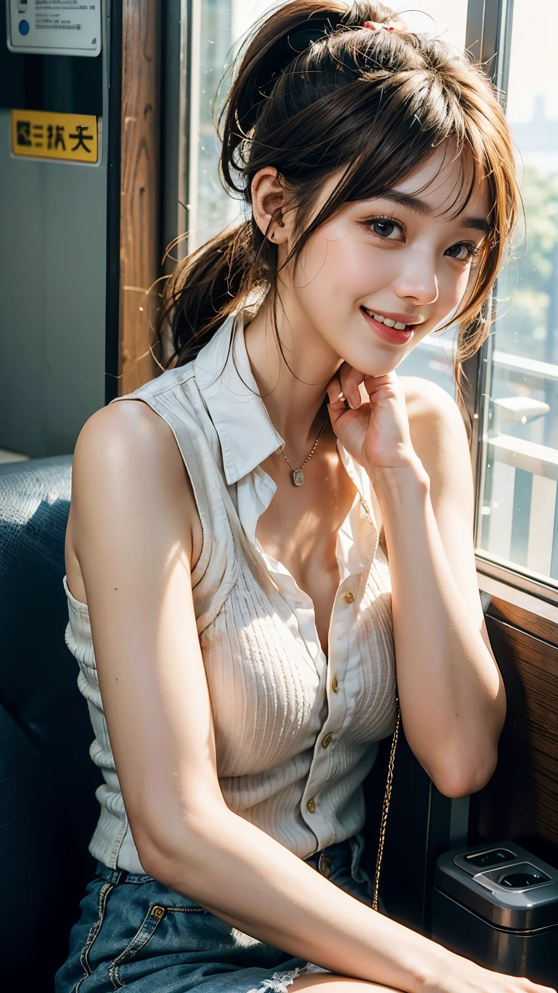 highest quality, masterpiece, Ultra-high resolution, (Realistic:1.4), (Close up profile portrait) RAW Photos, 1 girl,20-year-old,((Enoshima Electric Railway Train)),((Wireless earphones in your ears)),((Staring at your smartphone screen)),,((Asian Fashion)),((Wear a light outer layer)),Messy Hair,((Ponytail and Hair Tie, Chestnut Hair)),((Bangs short hair)),Realistic,picture media chest)),Smiling with teeth showing,Big smile,