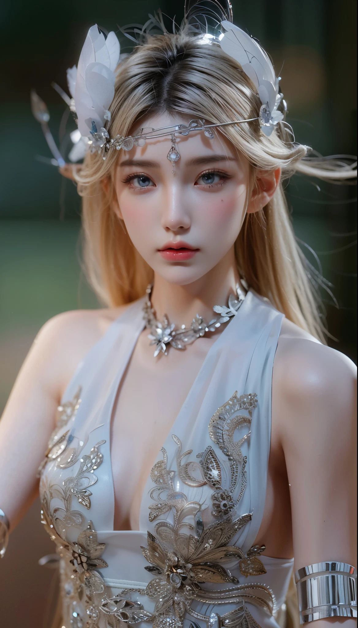 Game Art，Best image quality，highest resolution，8k，(A half-length photo)，(portrait)，(Head close-up)，(Rule of Thirds)，Unreal Engine 5 rendering works，20 year old girl，((Queen))，Eyes are very detailed，(Large Breasts)，Elegance and nobility，cinema lights，Ray Tracing，Game CG，((3D Unreal Engine))，OC rendering reflection pattern，4K，Ultra-clear，Sensual，Translucent lace，White and plump figure，Pretty Face，Glossy Gel Coat，身着华贵礼服的Queen，Crystal Gem Crown，Necklace jewelry，blue eyes，black tattoo(whole body)，The tattoo is very three-dimensional，Gorgeous and intricate tattoo designs，Translucent printed lace stockings，Metal wrist guards on hands，Elf Goddess