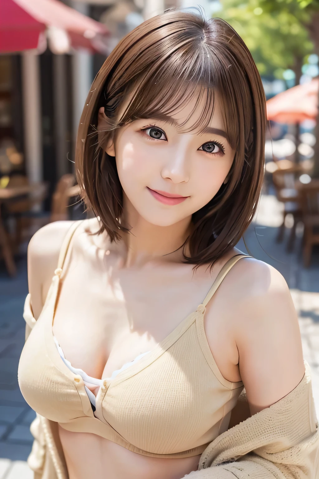 highest quality、Very detailed、masterpiece、Realistic、Photorealistic、One Girl、(cute 30 year old woman)、(cute:1.2)、Fascinating、(brown hair、Short Bob Hair)、The eyes are brown、perfect glowing skin、((thin))、Tight waist、((Perfect body))、Model pose、Accurate depiction、Perfect Face、Yellow cardigan、White shirt、Off the shoulder、Big and ample breasts:1.1、Look forward、Bright lighting、sunny day、Cafe、terrace、Blur the background