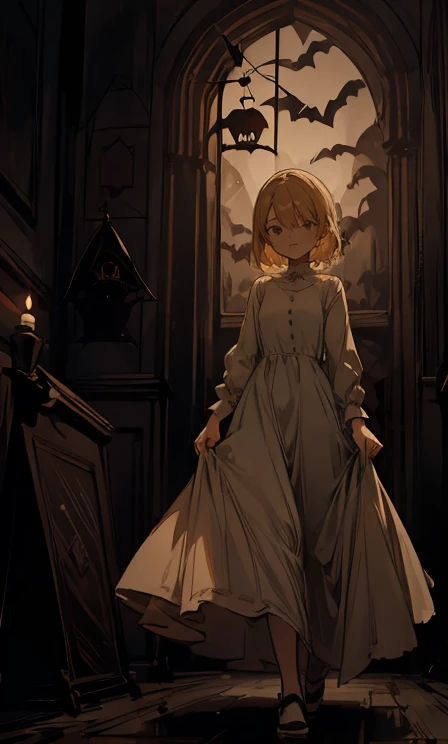 (highest quality), 1 Girl, :d,((Spooky dark room:1.6)),(((Full Body:1.3))),(((((Cute clothes))))),Blonde,Short Hair,straight hair,(green eyes),((Walking through a dark room)),It&#39;s a very scary room,((white long dress)),(Anxious expression:1.5),((((It&#39;s very dark out there)))),(Candles are displayed on the dark wall),(The candles light up the dark room),((She is holding a single candle in her left hand.)),